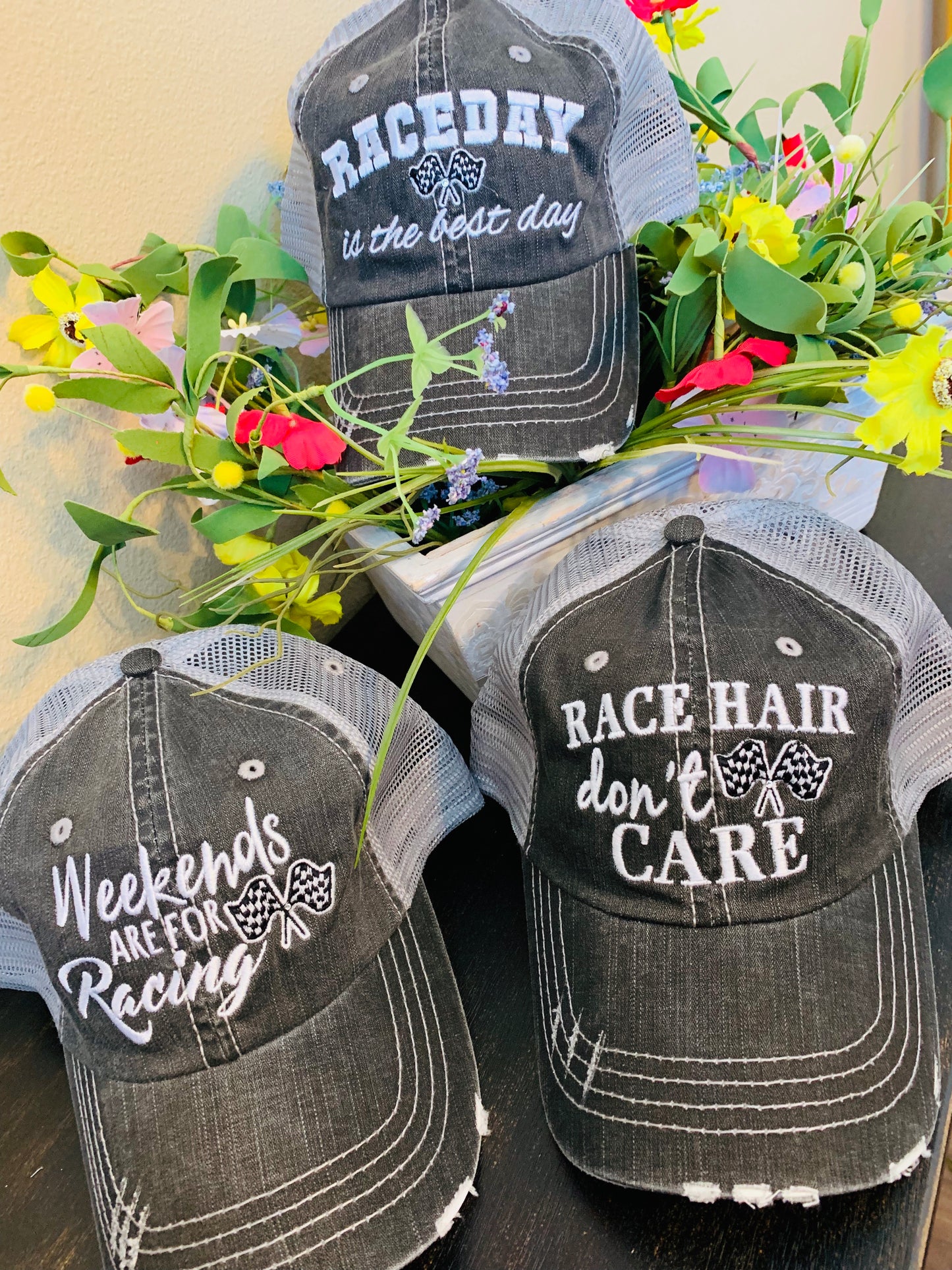 Personalized Racing hats Weekends are for racing Race hair dont care Raceday is the best day - Stacy's Pink Martini Boutique
