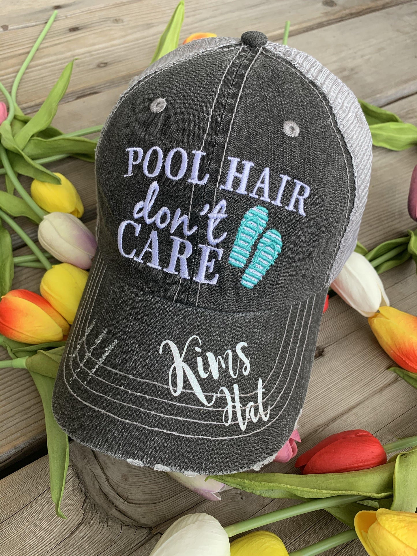 Blessed Hats { Simply Blessed } Pink or teal cross. Gray distressed trucker cap with adjustable Velcro. - Stacy's Pink Martini Boutique