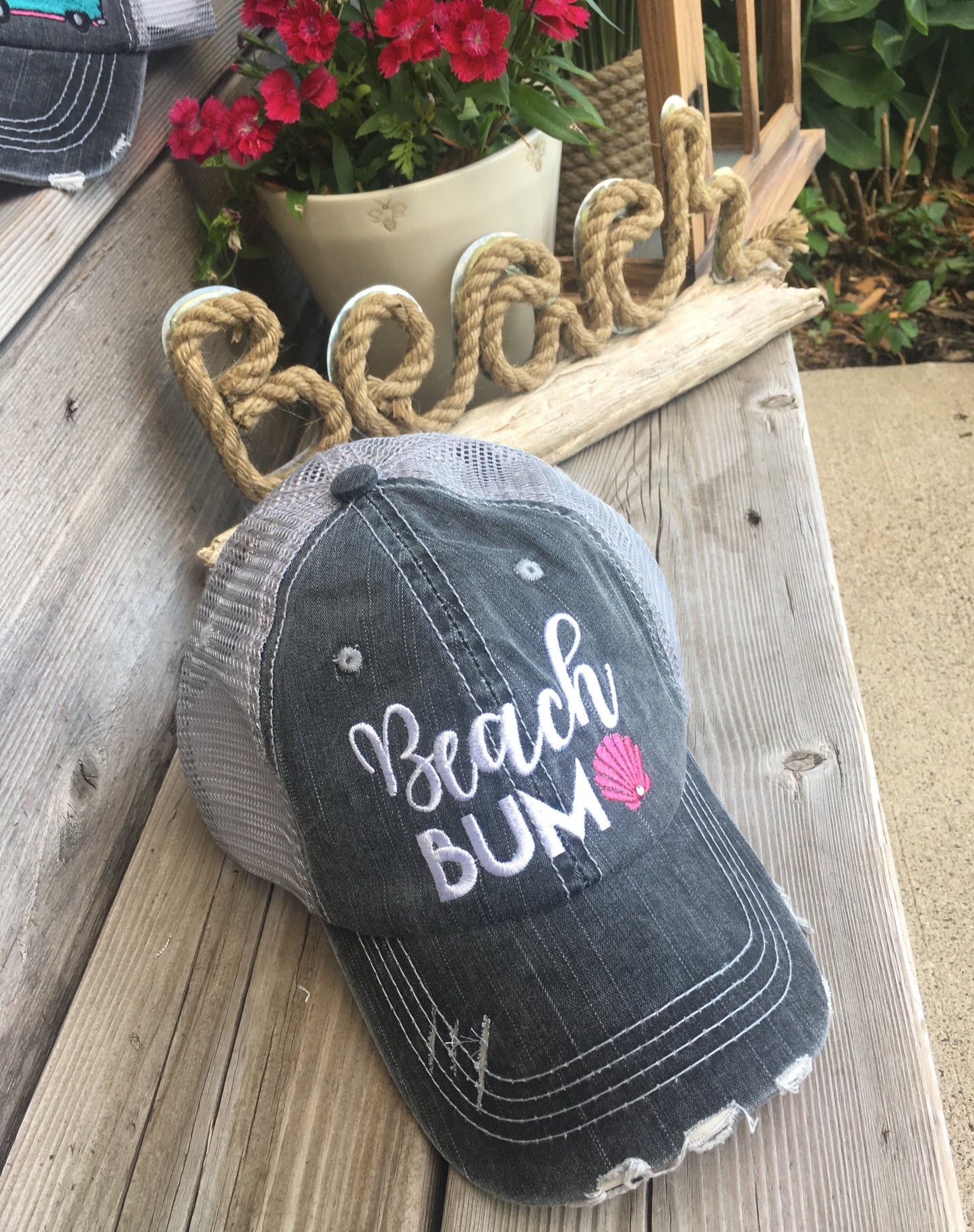 Lake and beach hats Lake bum Beach bum Embroidered unisex trucker caps Seashells Anchors - Stacy's Pink Martini Boutique