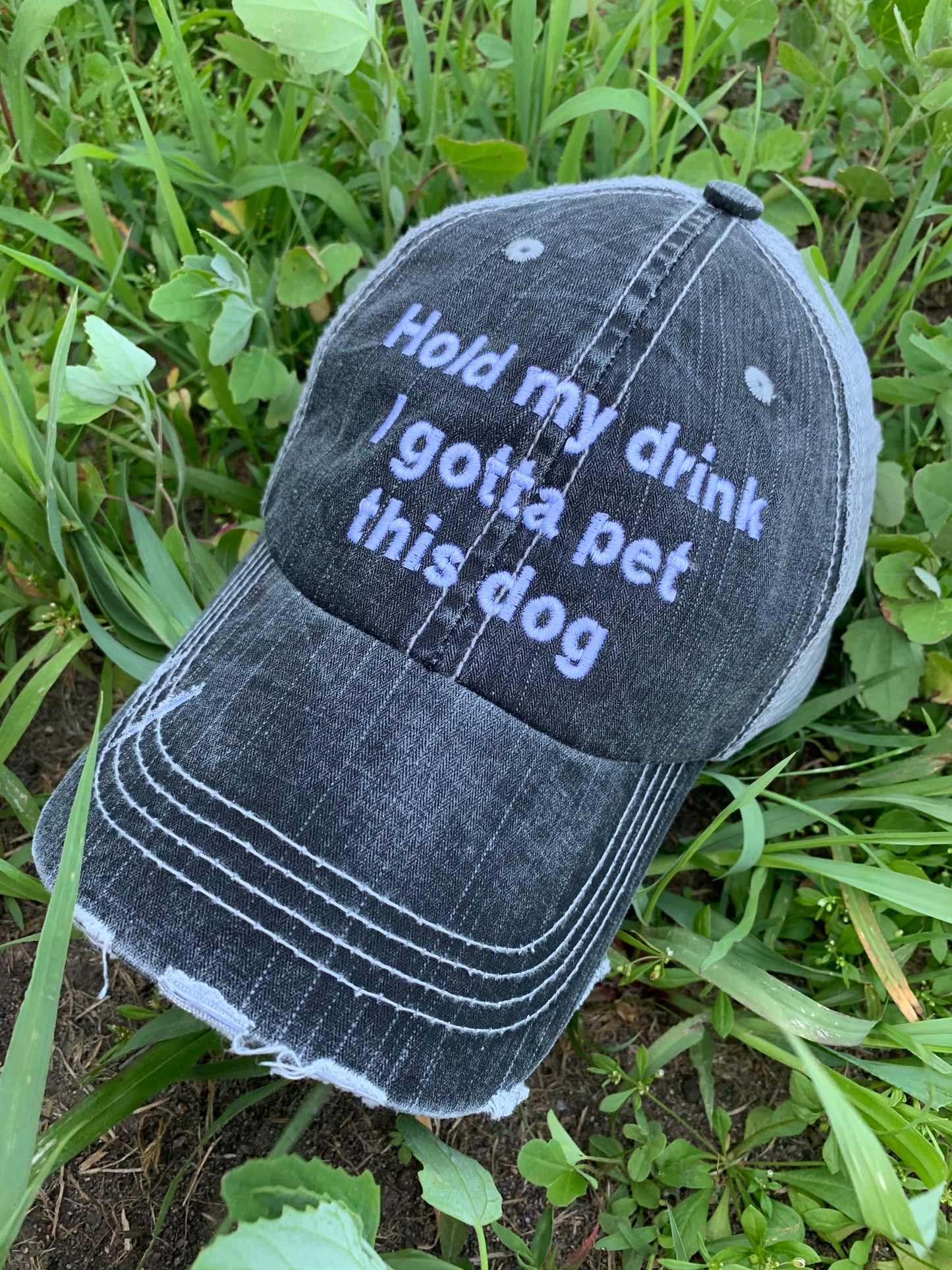 Hats and shirts { Hold my drink I gotta pet this dog } Customize by choosing hat options & clothing options. - Stacy's Pink Martini Boutique