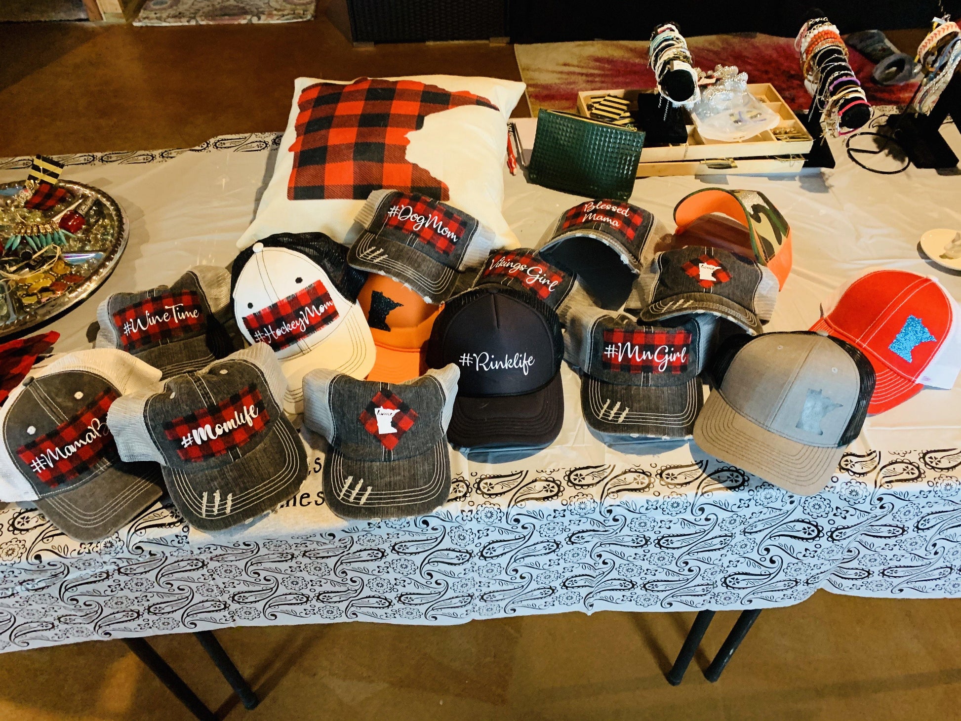 Hats { Blessed mama } Gray distressed with buffalo plaid in red and black check adjustable Velcro. Any custom sating available. - Stacy's Pink Martini Boutique