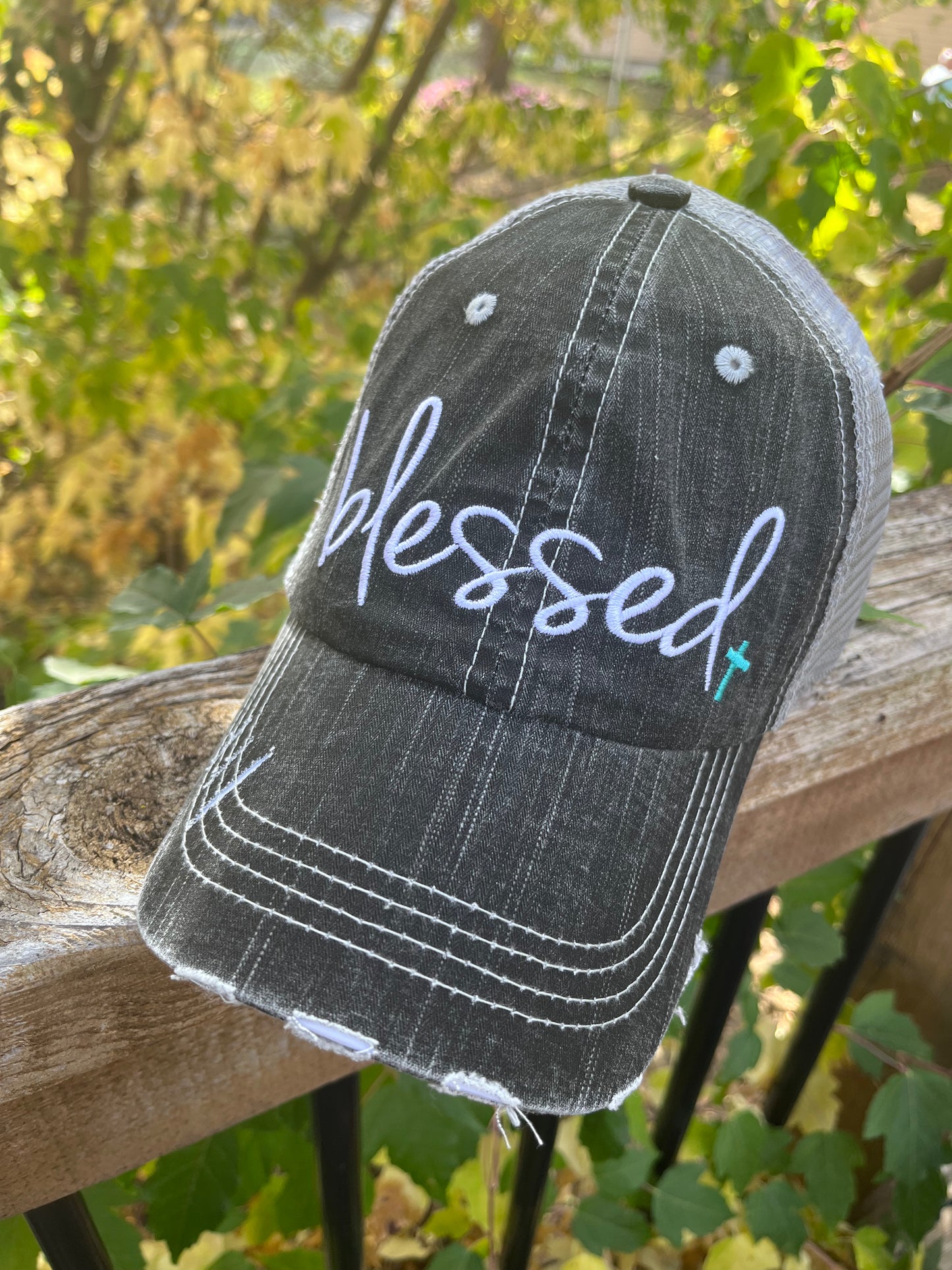Blessed hats Embroidered distressed gray trucker cap