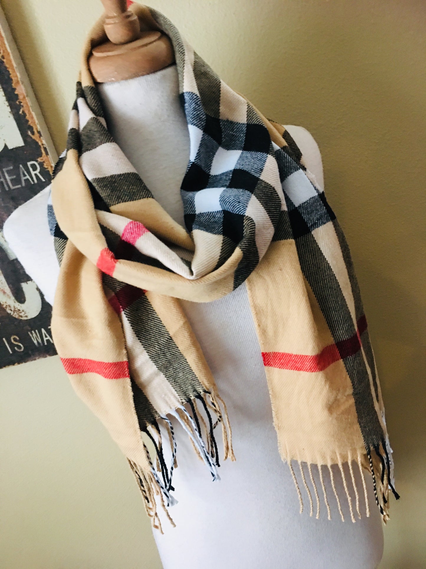 Scarf { Plaid, classic check, camel } Long. Tie end to make infinity. - Stacy's Pink Martini Boutique