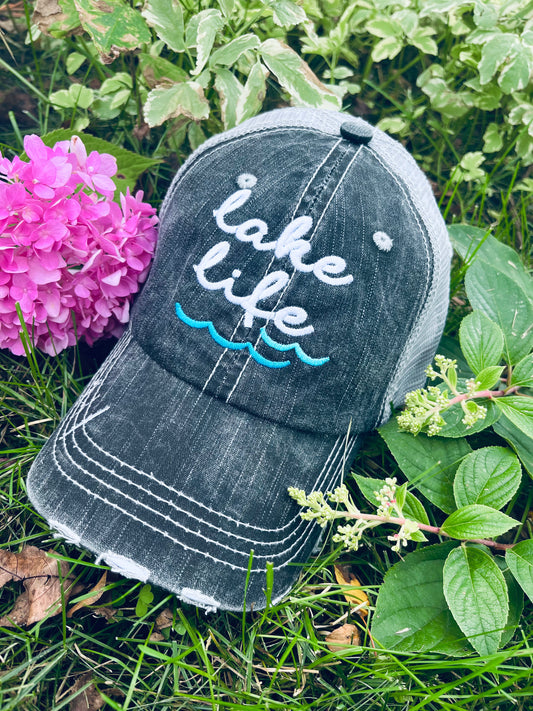 Lake hats Lake life Teal waves Gray embroidered trucker cap Boat Cabin Vacation
