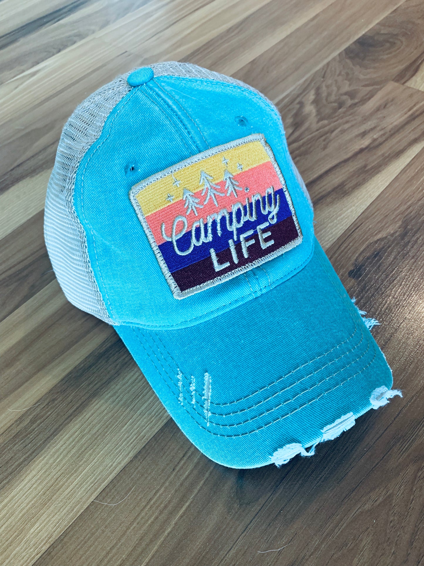 Hats or tanks { I'M A HAPPY CAMPER } { Camping hair don’t care } { Camping life } { Glamping hair don’t care } Embroidered distressed gray unisex trucker caps. Adjustable Velcro and hole for pony. RV there yet? - Stacy's Pink Martini Boutique