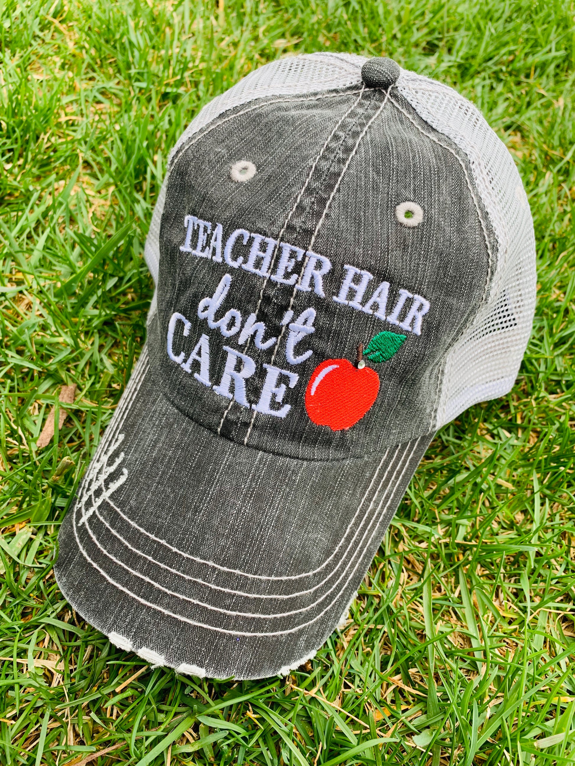 Teacher hats and socks Teacher hair dont care Gray distressed trucker cap  Apple Teach Inspire Socks - Stacy's Pink Martini Boutique