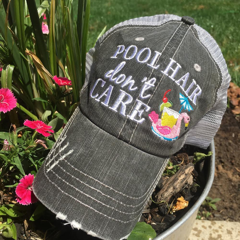 Pool hats Embroidered gray distressed unisex trucker caps Pool hair dont care Pool please Flamingos Flip flops - Stacy's Pink Martini Boutique