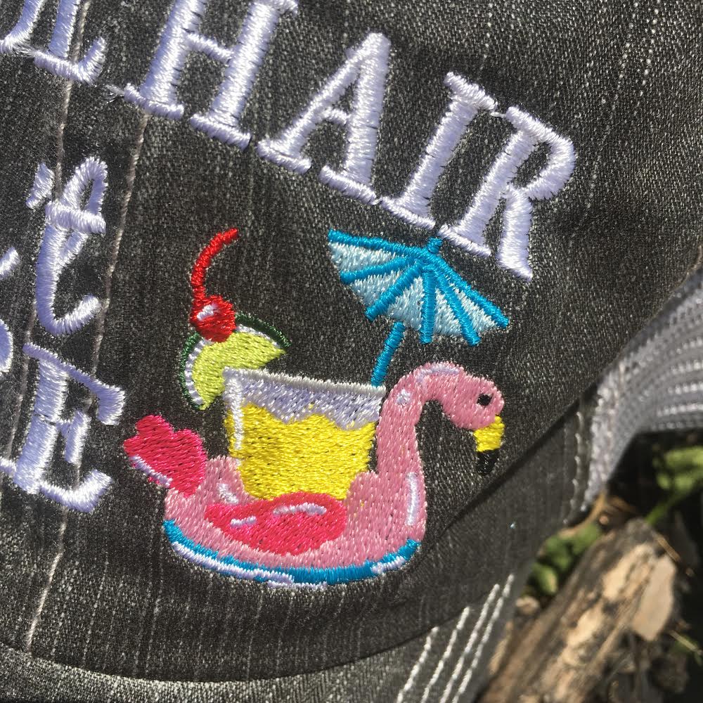 Pool hats Embroidered gray distressed unisex trucker caps Pool hair dont care Pool please Flamingos Flip flops - Stacy's Pink Martini Boutique