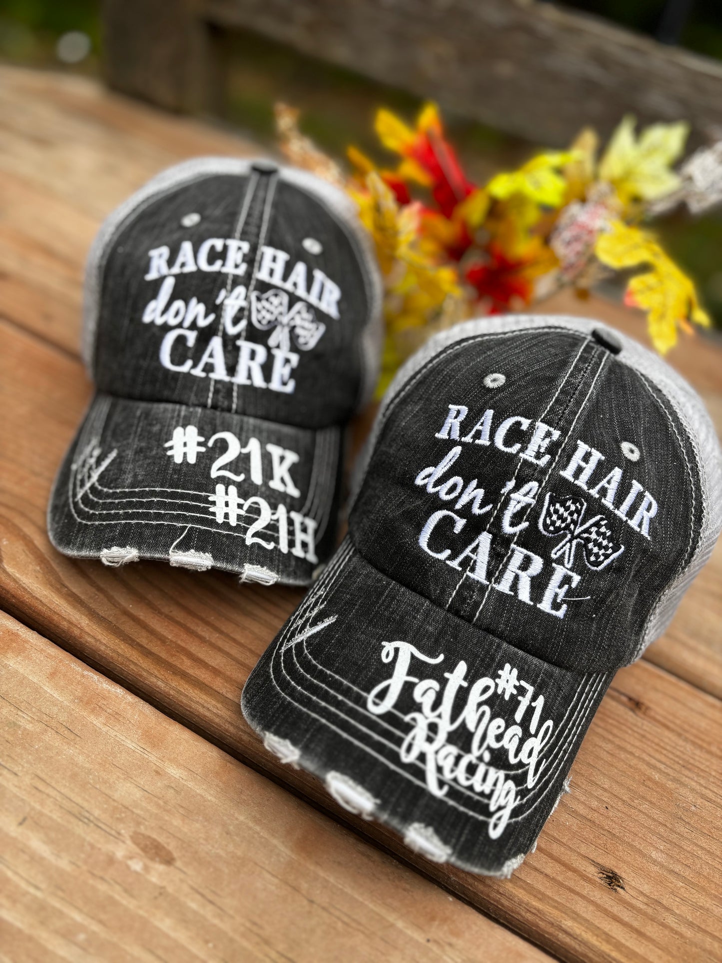 Personalized distressed gray Racing hats Weekends are for racing Race hair dont care Raceday is the best day Custom hats made by Stacy Bling it up! Mom hats