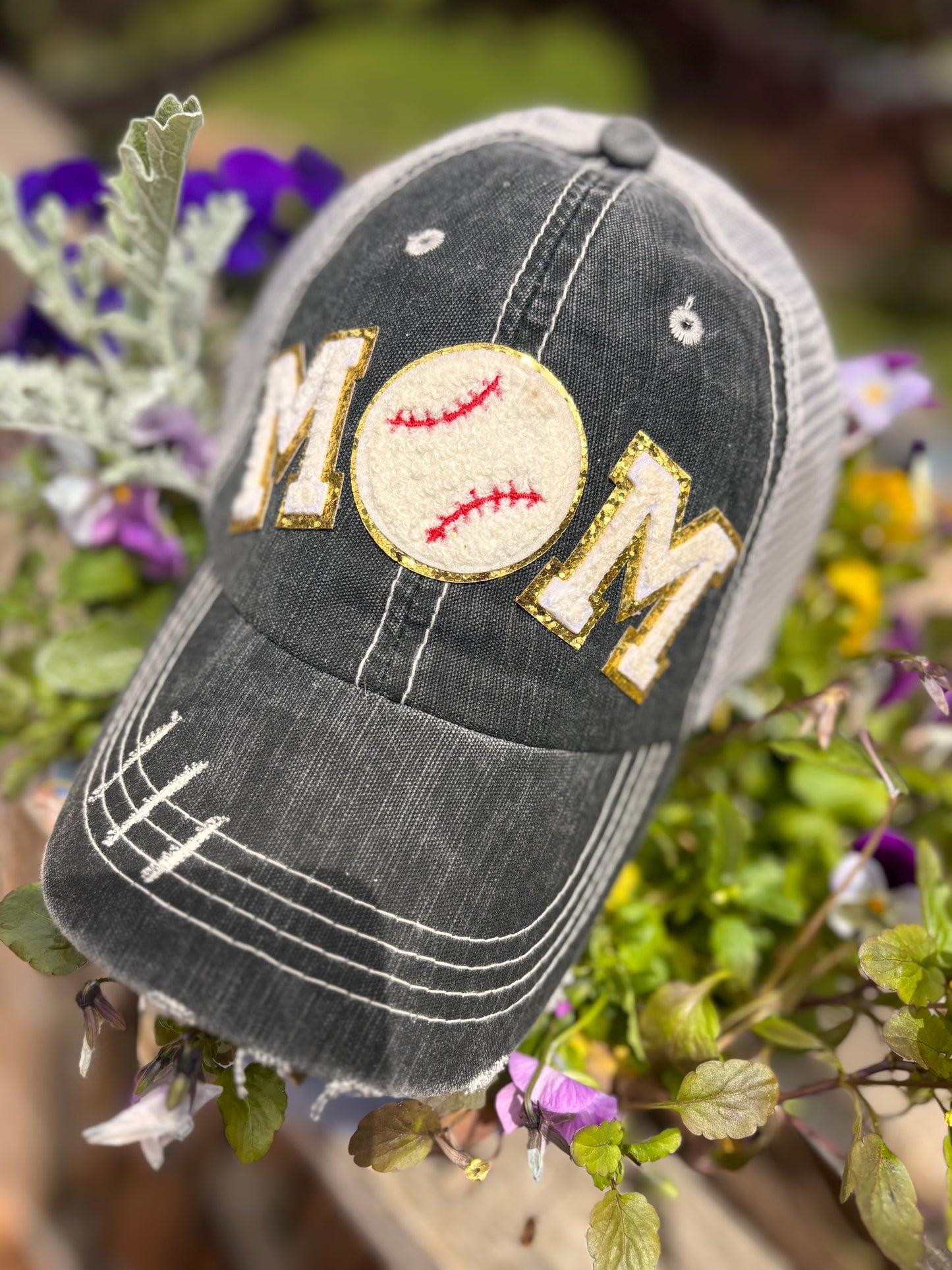 Baseball mom hat Chenille letters Distressed womans Game day Sports momma