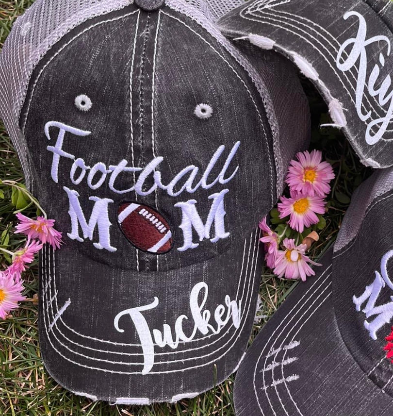 Personalized Football mom hat Add first or last name Gray embroidered distressed trucker cap Womens adjustable velkro mesh back low hole for pony Players sports game day