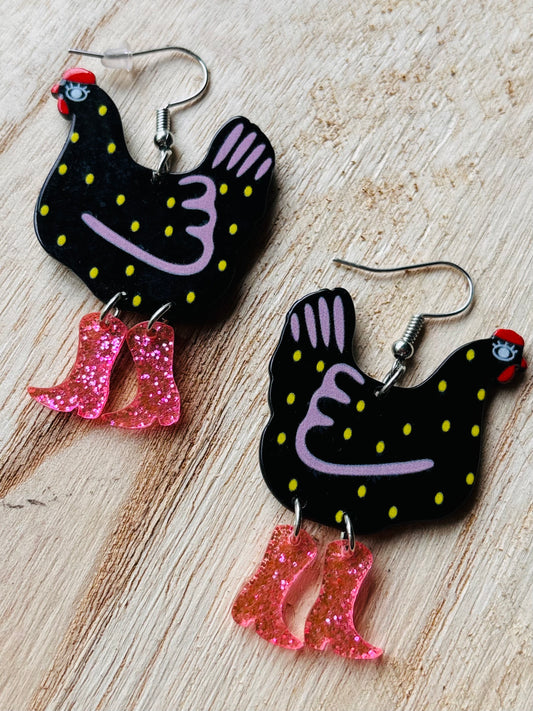 Chicken earrings Pink glitter boots accessories jewelry Farm gifts Barn Black purple Ships today