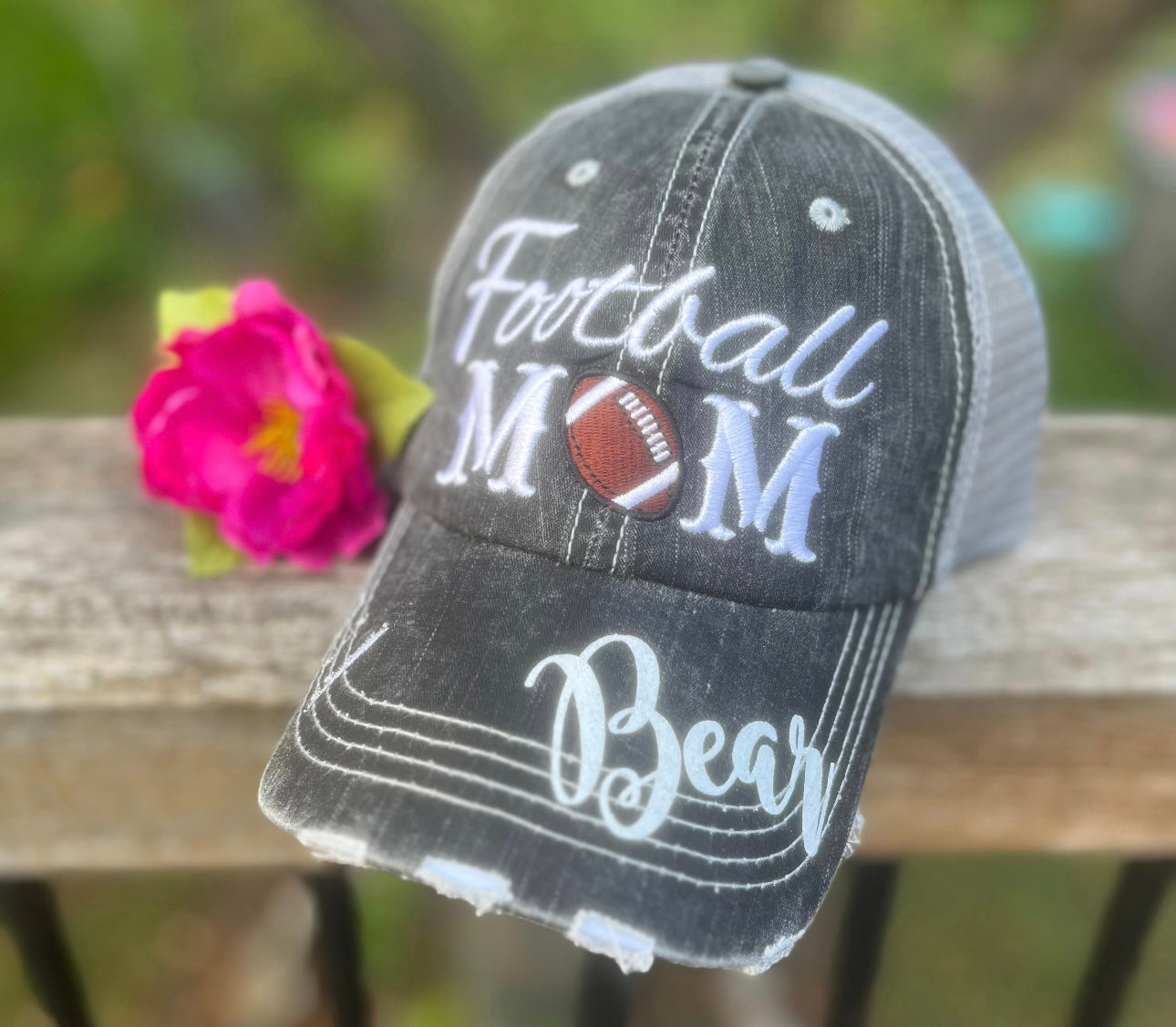 Personalized Football mom hat Add first or last name Gray embroidered distressed trucker cap Womens adjustable velkro mesh back low hole for pony Players sports game day