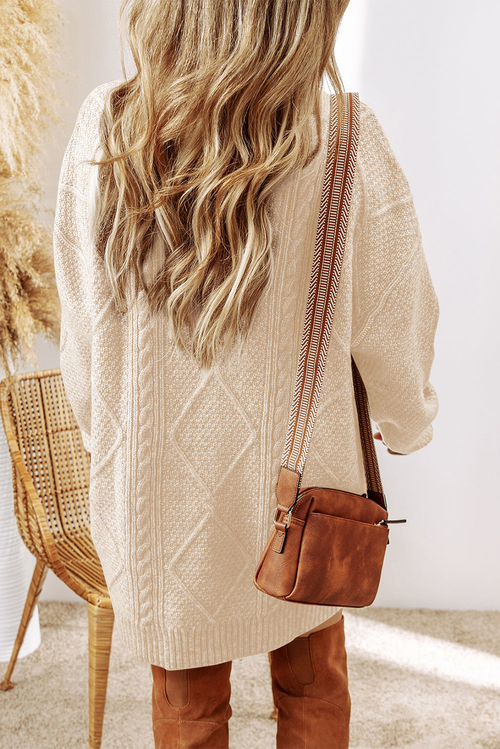 Parchment Cable Knit Drop Shoulder Loose Fit Sweater Dress - Stacy's Pink Martini Boutique