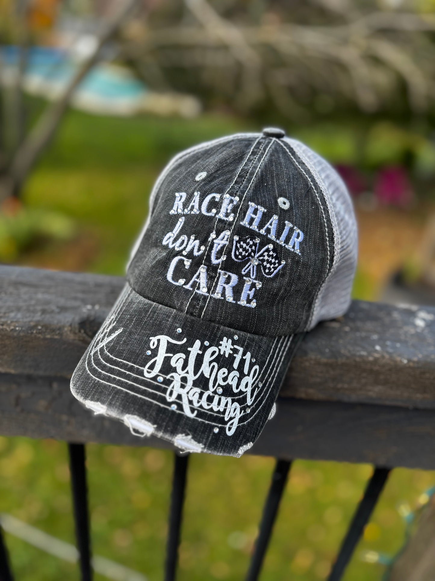 Personalized distressed gray Racing hats Weekends are for racing Race hair dont care Raceday is the best day Custom hats made by Stacy Bling it up! Mom hats