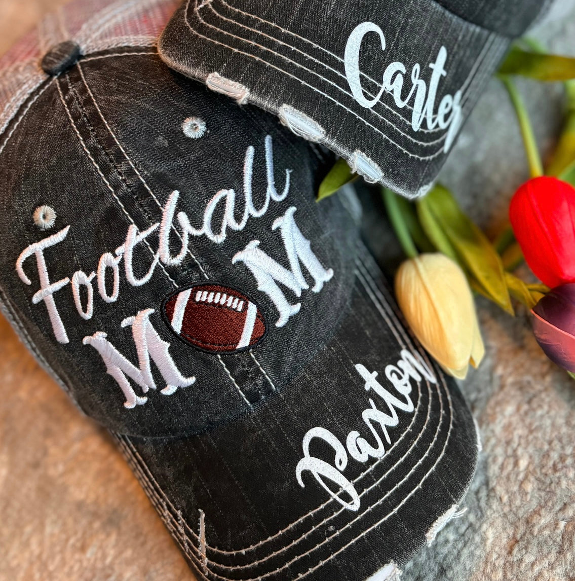 Personalized Football mom hat Add first or last name Gray embroidered distressed trucker cap Womens adjustable velkro mesh back low hole for pony Players sports game day