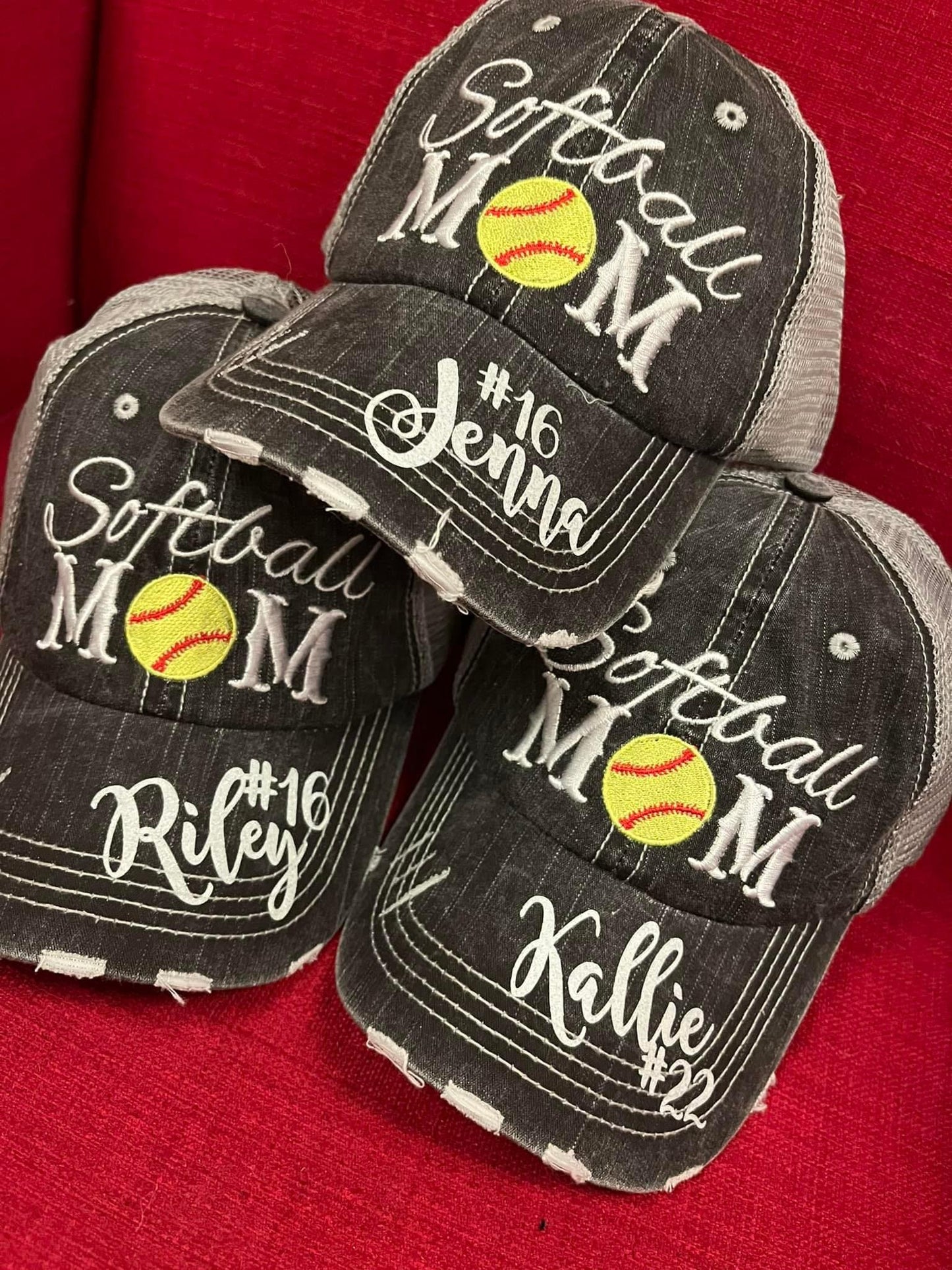 Personalized softball mom hats Embroidered distressed womens gray trucker cap Sports mom Gameday Team gifts