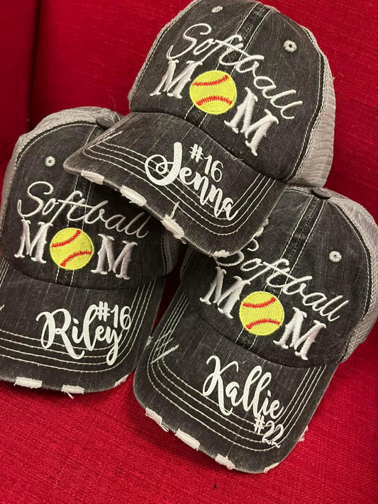 Personalized softball mom hats Embroidered distressed womens gray trucker cap Sports mom Gameday Team gifts