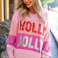 Pink Sequined HOLLY JOLLY Color Block Crew Neck Sweater