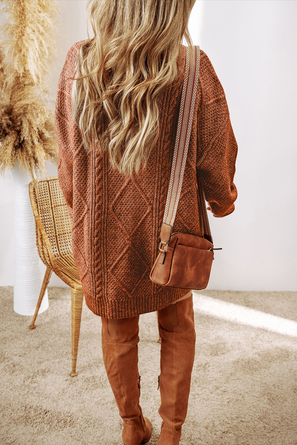 Parchment Cable Knit Drop Shoulder Loose Fit Sweater Dress - Stacy's Pink Martini Boutique