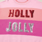 Pink Sequined HOLLY JOLLY Color Block Crew Neck Sweater