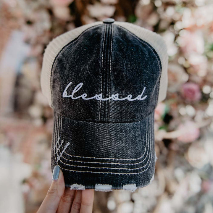 Blessed Hats Simply Blessed Pink or teal cross Gray distressed trucker cap with adjustable velkro Blessed hot mess - Stacy's Pink Martini Boutique