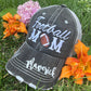 Personalized Football mom hat Add first or last name Gray embroidered distressed trucker cap Womens adjustable velkro mesh back low hole for pony Players sports game day