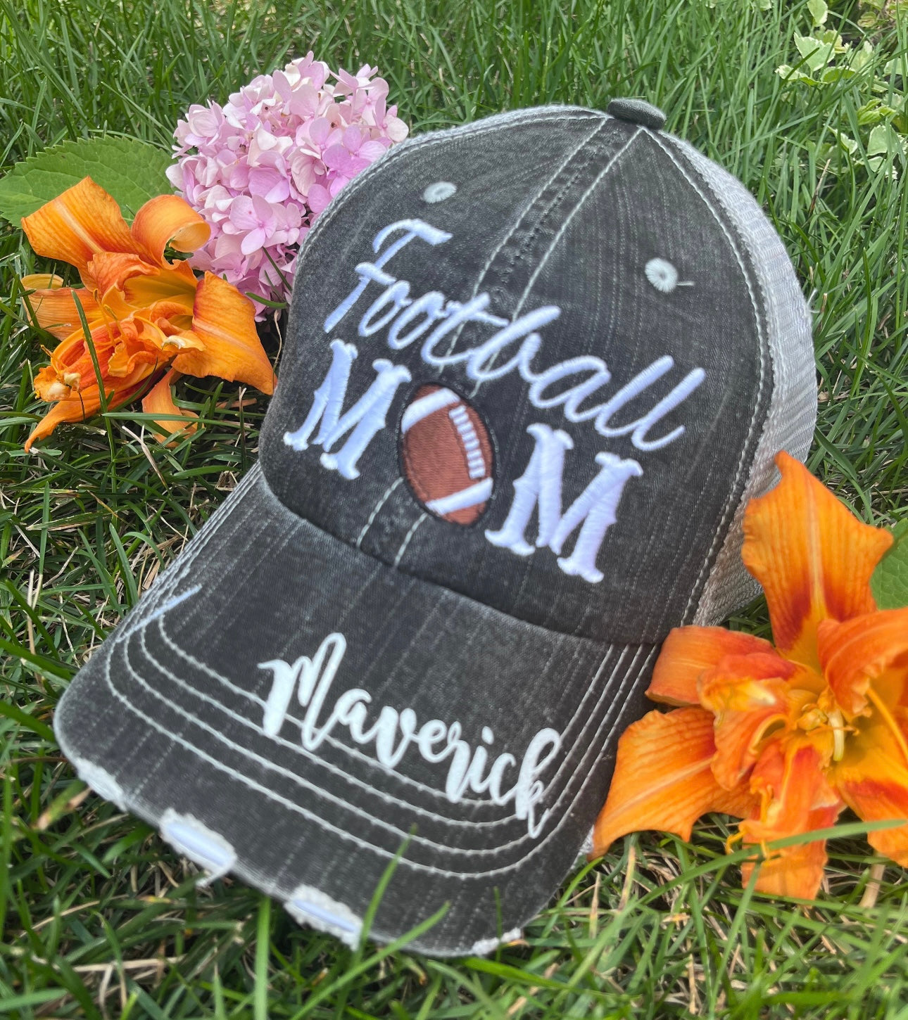 Personalized Football mom hat Add first or last name Gray embroidered distressed trucker cap Womens adjustable velkro mesh back low hole for pony Players sports game day