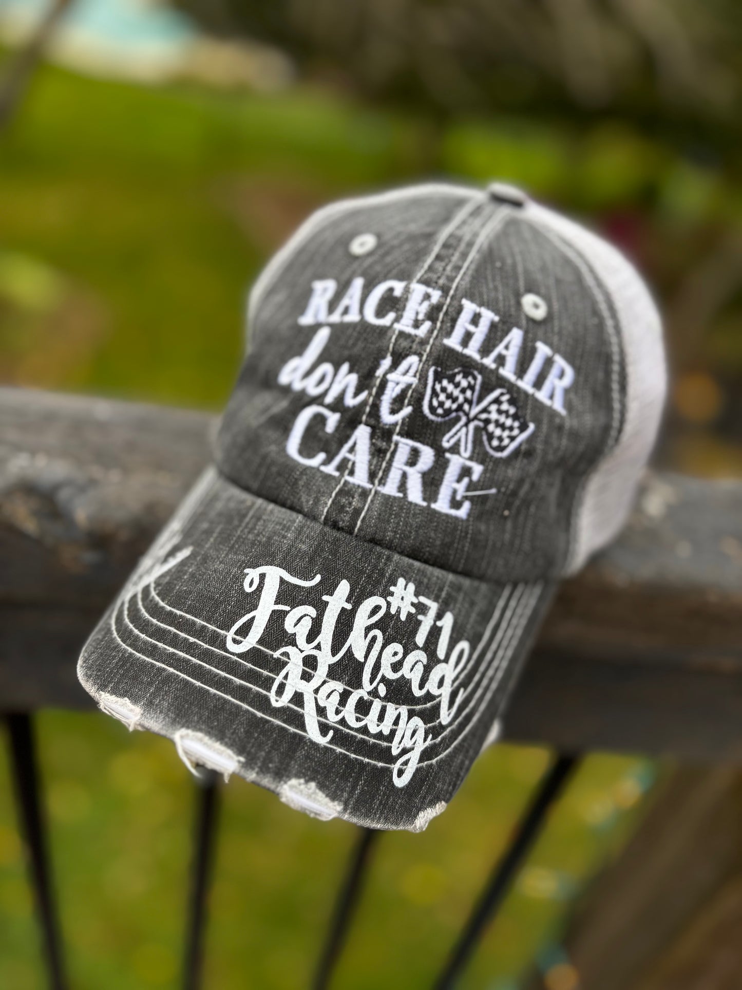 Personalized distressed gray Racing hats Weekends are for racing Race hair dont care Raceday is the best day Custom hats made by Stacy Bling it up! Mom hats