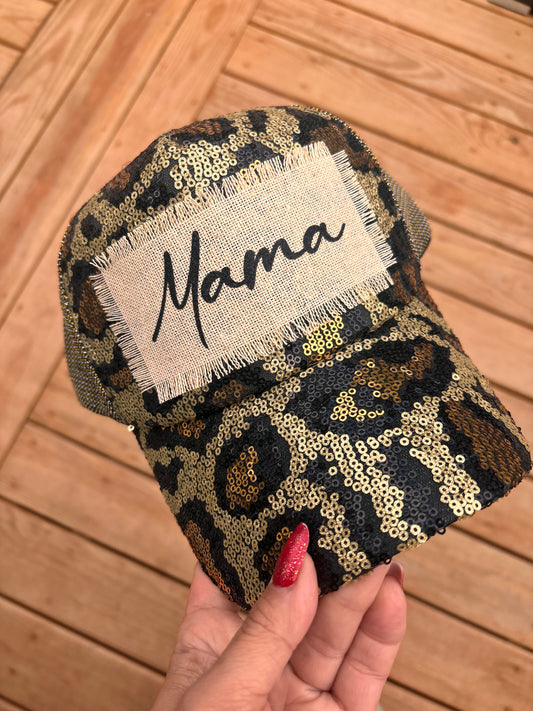 Mama custom handmade trucker hat Leopard sequin womens cap Mama or any saying Assorted styles ans colors Free shipping USA Ships in 1 day from Minnesota All made by Stacy