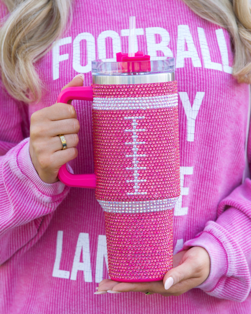 Football rhinestone tumblers pink or brown 40 oz Thermal stainless steel with straw and handle