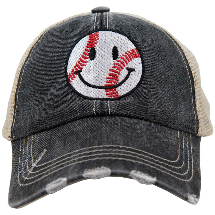 Baseball Smiley Happy Face Trucker Hats Sports Mom Gameday Dark Charcoal