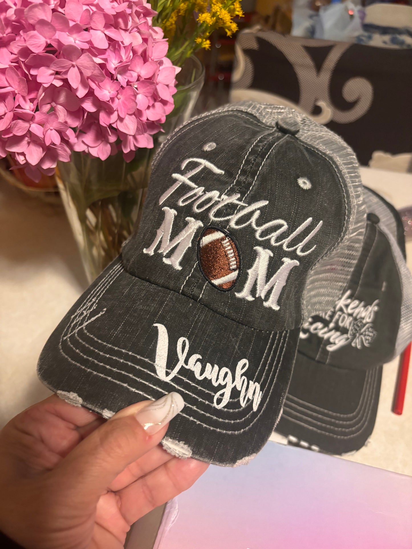 Personalized Football mom hat Add first or last name Gray embroidered distressed trucker cap Womens adjustable velkro mesh back low hole for pony Players sports game day