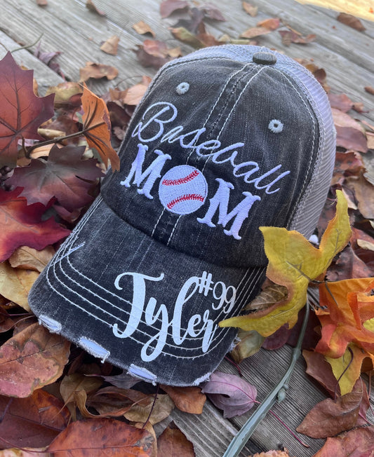 Personalized sports mom hats Baseball mom Softball mom Embroidered distressed trucker caps