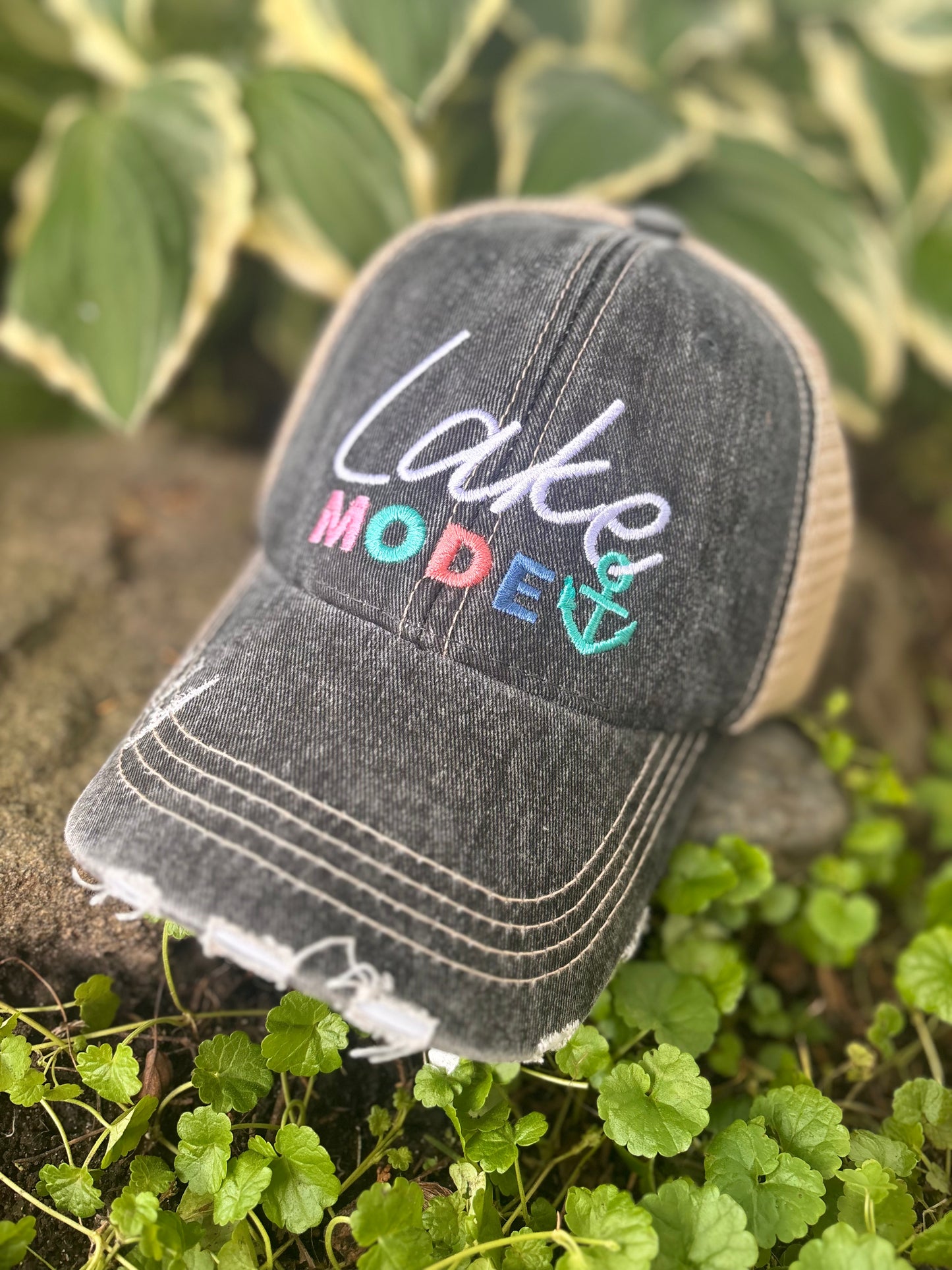 Lake hats LAKE MODE Embroidered distressed trucker caps Black teal or pink Unisex Anchor.