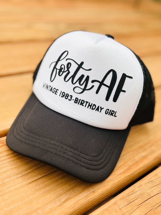 Birthday party hats Vintage birthday girl or boy Black and white unisex womens men’s trucker caps 40 AF Vintage All years and numbers available Assorted colors