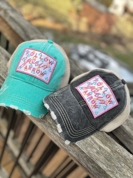 Follow your arrow HATS Embroidered distressed gray trucker caps Unisex Pink or teal arrow Adventures Hiking Path of life - Stacy's Pink Martini Boutique