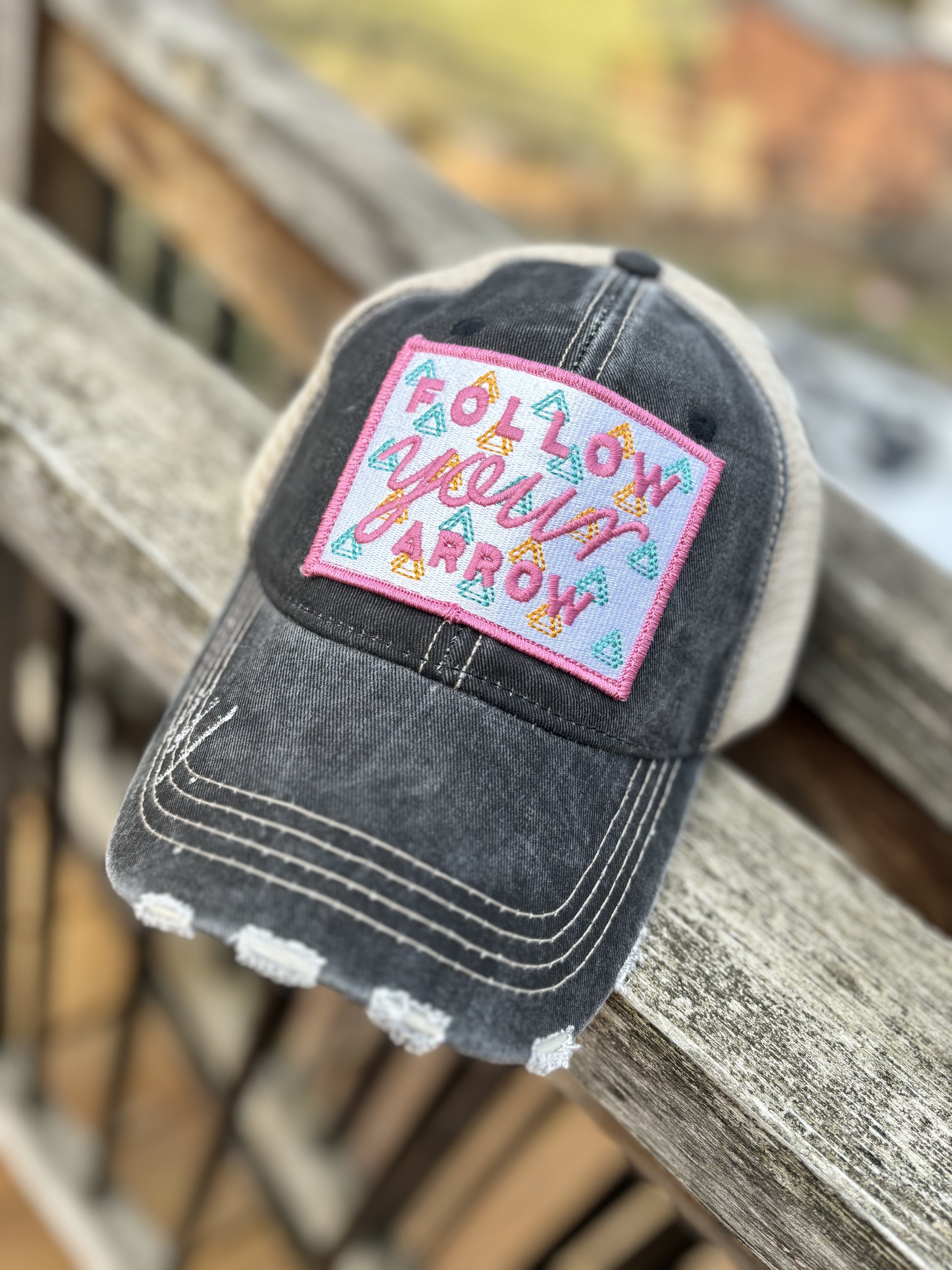 Follow your arrow HATS Embroidered distressed gray trucker caps Unisex Pink or teal arrow Adventures Hiking Path of life - Stacy's Pink Martini Boutique