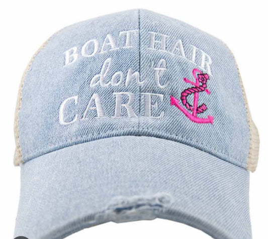 Boat hats Boat hair dont care Embroidered distressed light denim blue trucker cap with pink anchor Vacation Lake Beach Boating Ocean