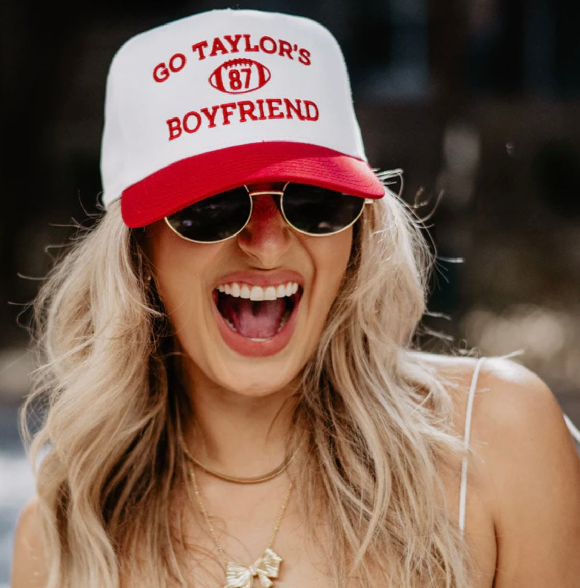 Go Taylors Boyfriend #87 Football hat Taylor Swift Travis Kelce Trucker hat Red and white Game day Kansas City Chiefs