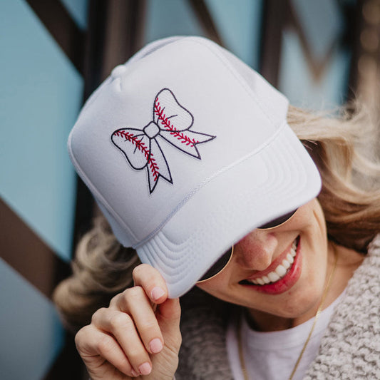 Hats Embroidered coquette bow baseball foam trucker cap Football gray distressed Sports mom Game day Pink bow