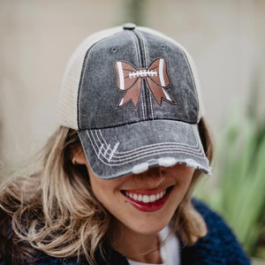 Hats Embroidered coquette bow baseball foam trucker cap Football gray distressed Sports mom Game day Pink bow Leopard Womens Mens Unisex