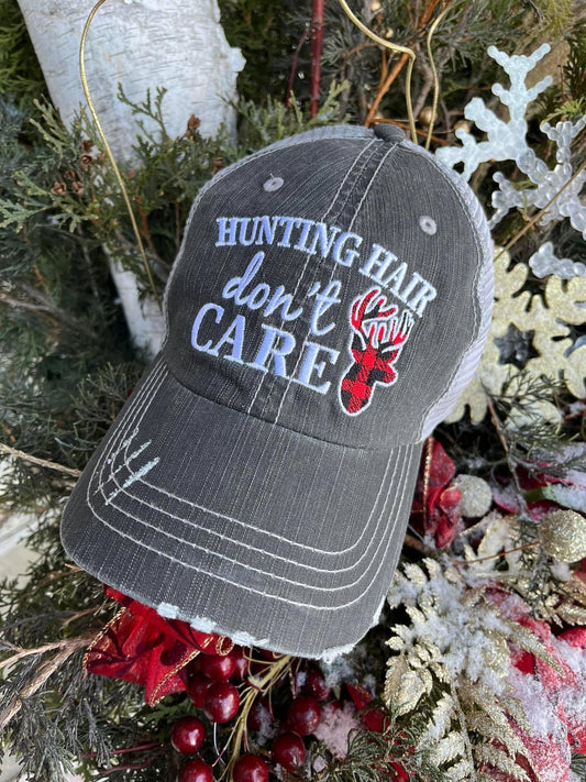 Hunting hat Hunting hair dont care Buffalo check deer Embroidered Buck Hunt Hunter - Stacy's Pink Martini Boutique