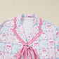 Pink Bow Wreath Pattern Christmas Holiday Tied Front Long Sleeve 2pcs Pajama Set