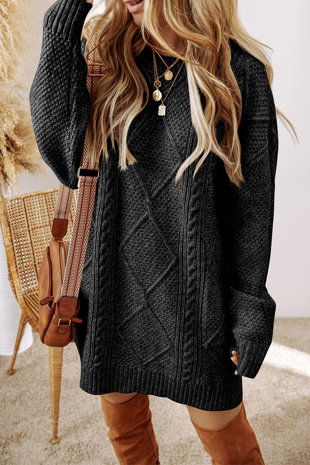 Parchment Cable Knit Drop Shoulder Loose Fit Sweater Dress - Stacy's Pink Martini Boutique