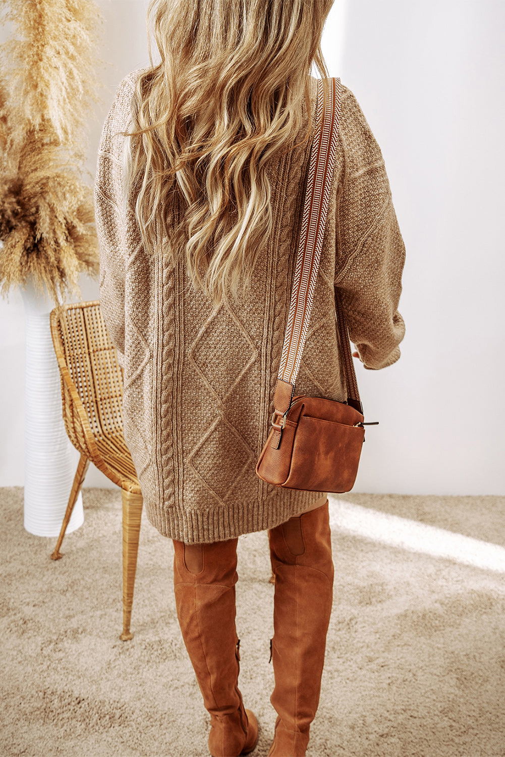 Parchment Cable Knit Drop Shoulder Loose Fit Sweater Dress - Stacy's Pink Martini Boutique