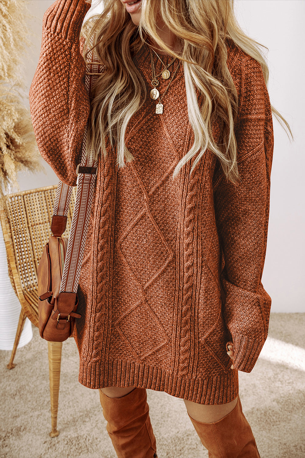 Parchment Cable Knit Drop Shoulder Loose Fit Sweater Dress - Stacy's Pink Martini Boutique