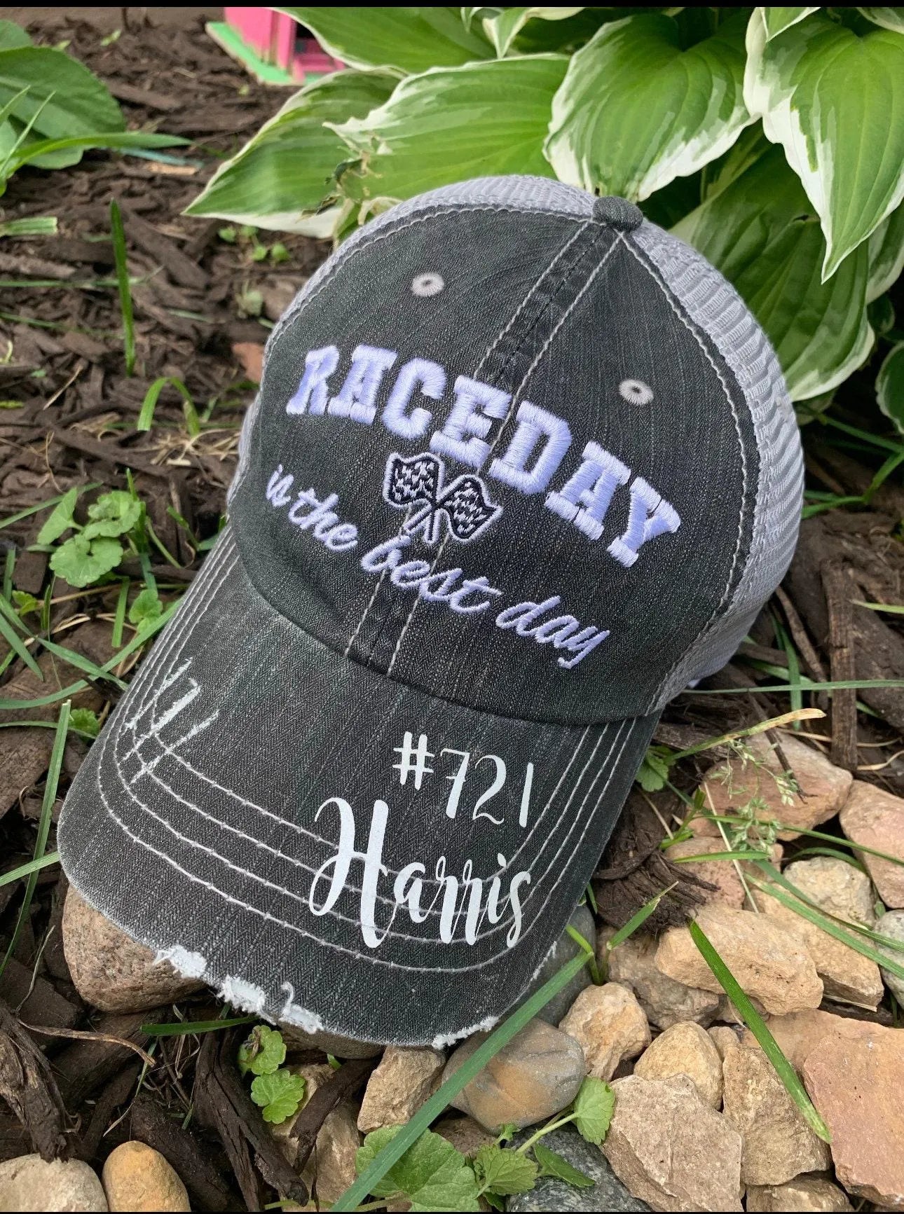 Personalized distressed gray Racing hats Weekends are for racing Race hair dont care Raceday is the best day Custom hats made by Stacy Bling it up! Mom hats Stacy's Pink Martini Boutique