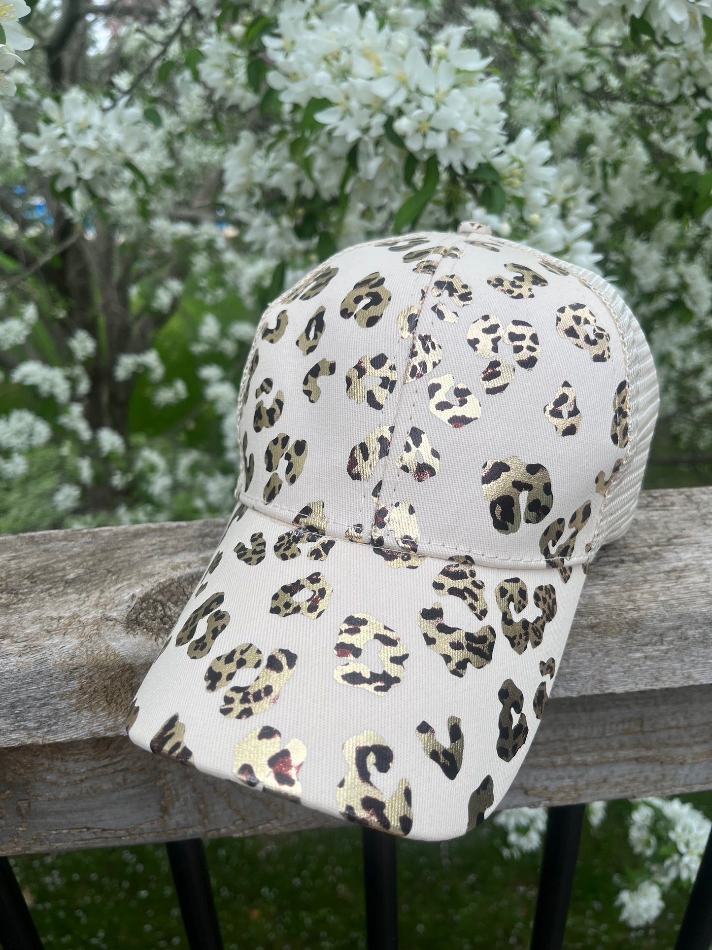 Blank metallic leopard animal print hats Cris cross elastic back with adjustable velkro Creamy white Ships TODAY!