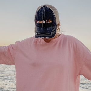 Hola beaches hats! | Womens embroidered trucker cap | Personalize | Beach hats | Cute palm trees, sunshine, waves and seashell | Girls weekend accessories. - Stacy's Pink Martini Boutique